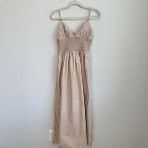 Zara Poplin Midi Dress Womens Large Tan Minimalist Boho Embroidered‎ Vacation
